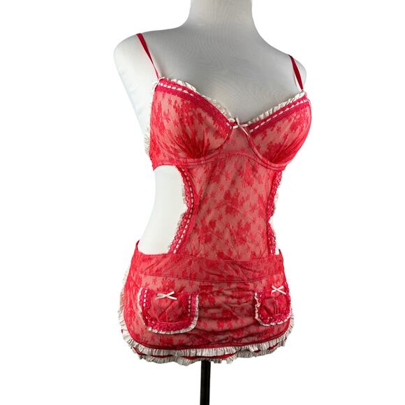 NWT Victoria’s Secret Maid Lingerie Teddy Red Mesh Lace Babydoll 34C Valentine - Picture 5 of 16